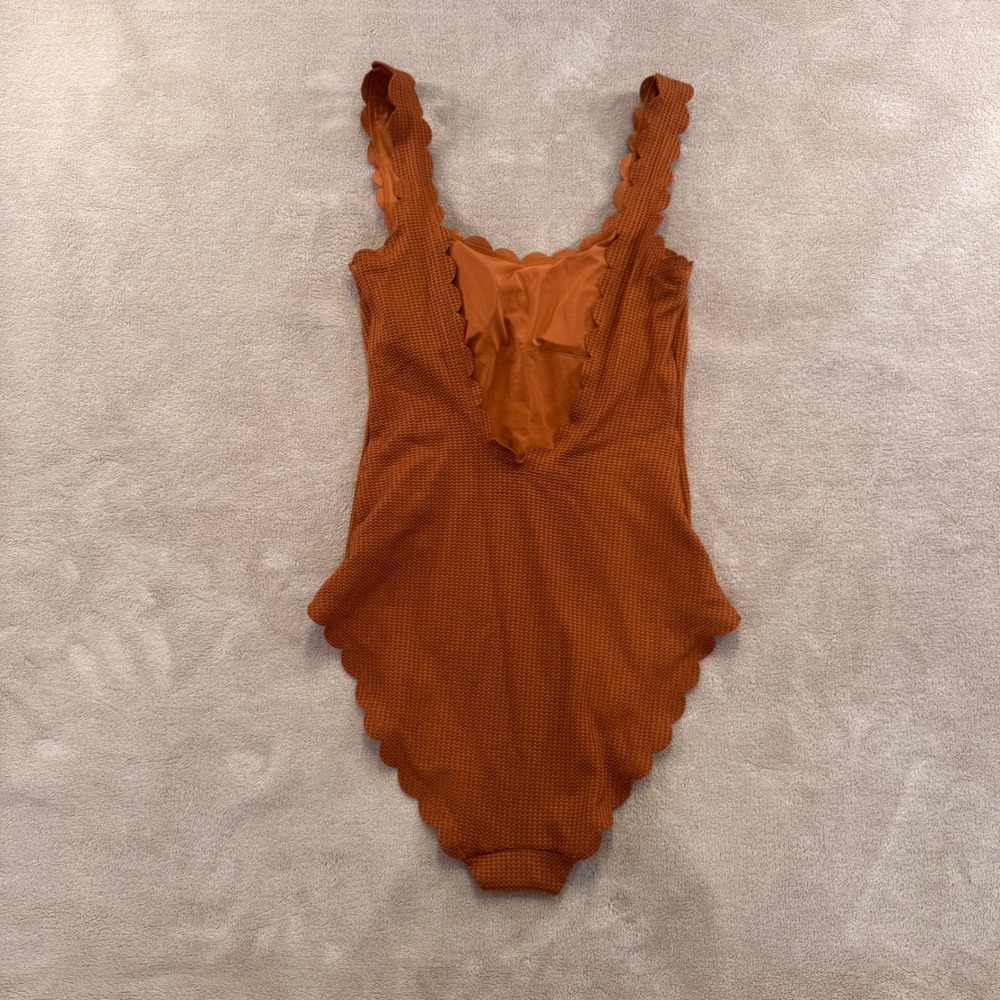 Aerie Scalloped One Piece Swimsuit Rust Textured Beachy Resort Boho Sz S Long - Picture 5 of 8